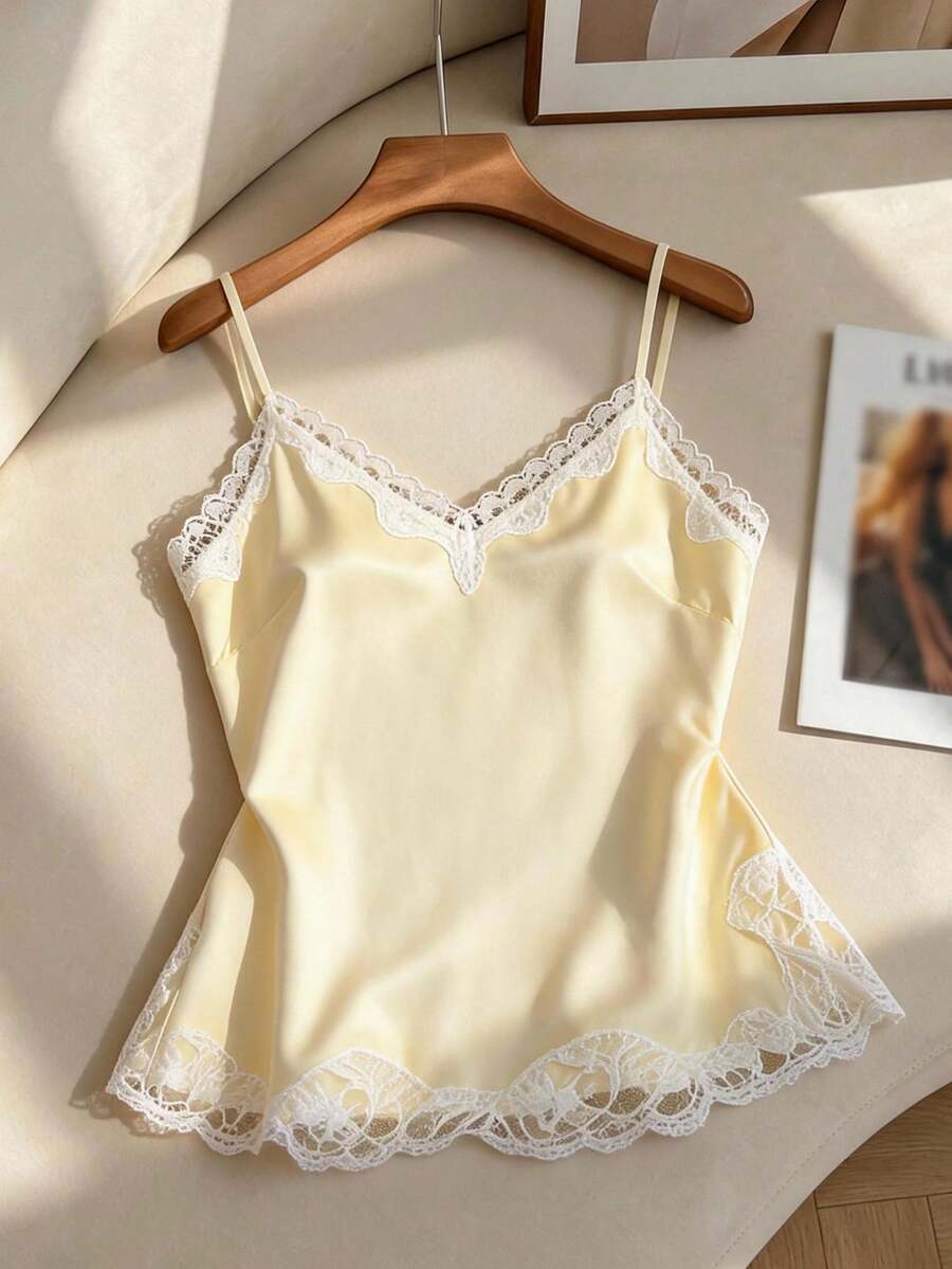 Franclia Plus Size Women's Elegant Yellow Summer Everyday Camisole Top,V-Neck Contrast Lace Trim Hem & Side Slit,Adjustable Strap Loose Crinkle Fabric Vintage - Pale Yellow - View 1