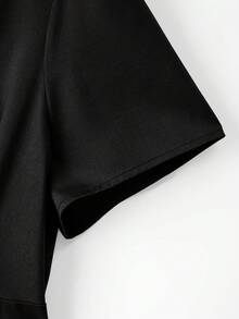SHEIN LUNE CURVE Women's Plus Size V-Neck Pearl Decor Short Sleeve Cinched Waist Black Wide Leg Jumpsuit, Satin Fabric, Sexy Elegant, Casual Evening Office Summer - Black - View 7
