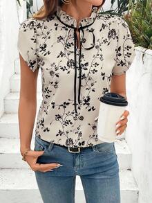 SHEIN Clasi 女款優雅荷葉邊蝴蝶結植物印花休閒春夏季短袖襯衫 - 彩色 - 查看 8
