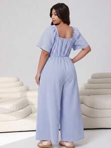 SHEIN EZwear 藍色休閒女款大尺碼條紋前綁帶短袖連身褲 - 彩色 - 查看 2