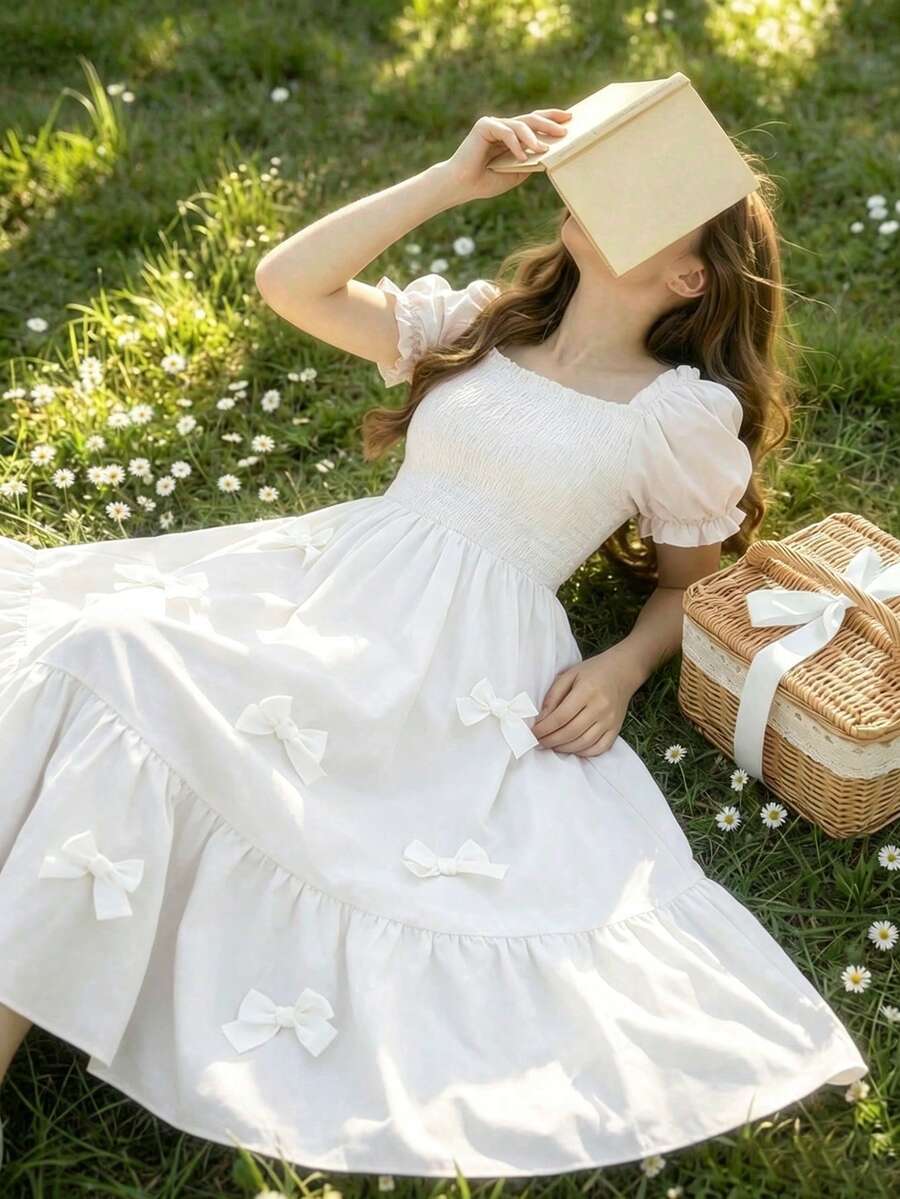 SHEIN ChillGRL 青少年女孩服飾 青少年女孩服飾 洋裝 粉紅色洋裝 柔軟短袖洋裝 蝴蝶結裝飾 網格蝴蝶結裝飾 泡泡袖 短袖/長洋裝/陽光洋裝/夏季洋裝/洋裝/度假/度假洋裝