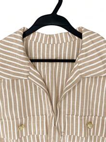 GlowEve CURVE Plus Size Women's New French Elegant Traditional Minimalist Commuter Casual Vacation Lapel Summer Solid Color V-Neck Front Slit Waist Cinched Shirt - Multicolor - View 4