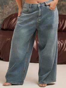 Lele Munniz Celana Jeans Boyfriend Longgar Ukuran Besar dengan Efek Sobek dan Cuci, Celana Jeans Kasual - Medium Wash - View 4
