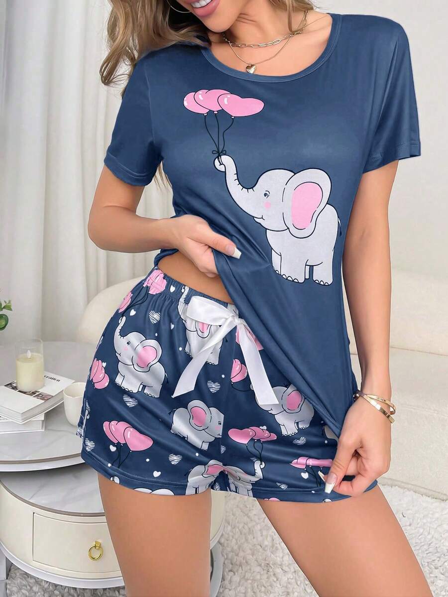 SHEIN Cute Elephant Heart 2 Pieces Women's Pajama Set - Multicolor - View 1