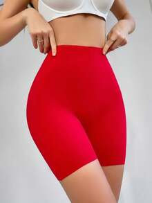 SHEIN 女款素色休閒極簡塑形瑜珈短褲 - 紅色 - 查看 4