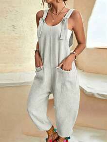 EMERY ROSE Solid Color Sleeveless U-Neck With Pocket Loose Summer Casual Jumpsuit - Light Grey - View 5