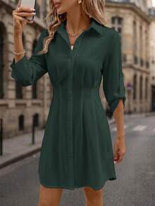 SHEIN Clasi 女款秋冬時尚百搭通勤花卉印花襯衫洋裝 - 墨綠色 - 查看 8