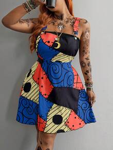 Whyspr Plus Size Spring/Summer Multi-Color Patchwork Strappy Dress - Multicolor - View 6