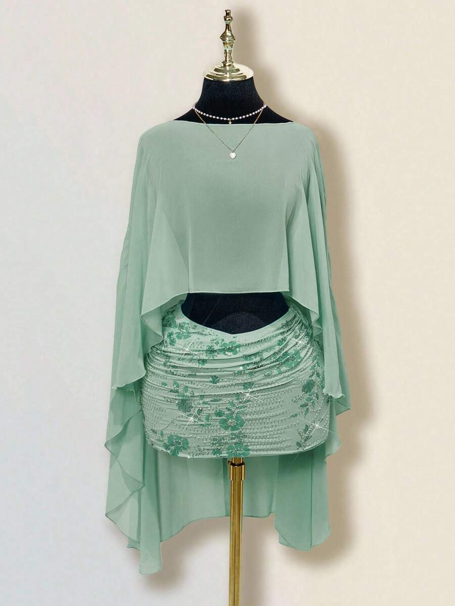 SHEIN ICON 女款藍色寬鬆度假休閒披肩上衣,多種穿法,荷葉邊領口,露背,垂墜領口繫帶上衣 - 薄荷綠 - 查看 1