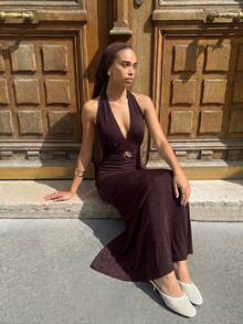 Lumalex Vestido longo justo ao corpo com decote em V, decote halter, laço, decoração metálica e bainha sereia para mulheres - Castanho - Ver 12