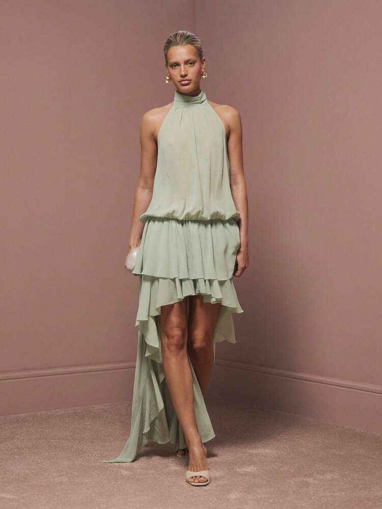 AiiRZ Sage Green Halter Neck Asymmetric Ruffled High Low Chiffon Maxi Dress With Tiered Layers For Special Occasions Party Wedding Guest Prom