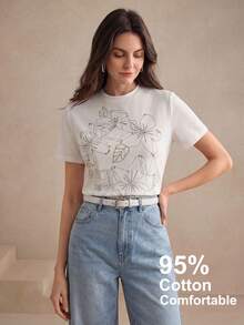 Anewsta Elegant Women's Top, Minimalist Casual Summer Sequin Embroidered Short Sleeve T-Shirt, 95% Cotton Top - White - View 4