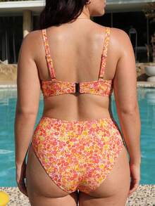 Swim Mod 2026 New Spring/Summer Plus Size 2-Piece Set Colorful Floral Random Print V-Neck Adjustable Shoulder Strap Top With High Waist Triangle Bottoms Women's Sweet Bikini Set Set Suitable For Beach Vacation - Multicolor - View 2