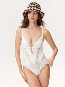 Elorette Women's Sexy Vintage Lace Hollow Decor Cami Backless Jumpsuit - White - View 7