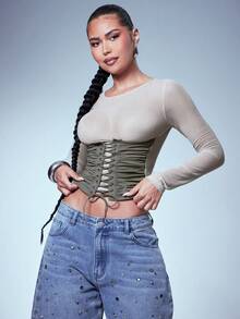 Denimoi Mesh Long Sleeve Top With Lace Up Corset Detail Sexy Tops Sheer Tops Concert Outfits GNO - Grey - View 4