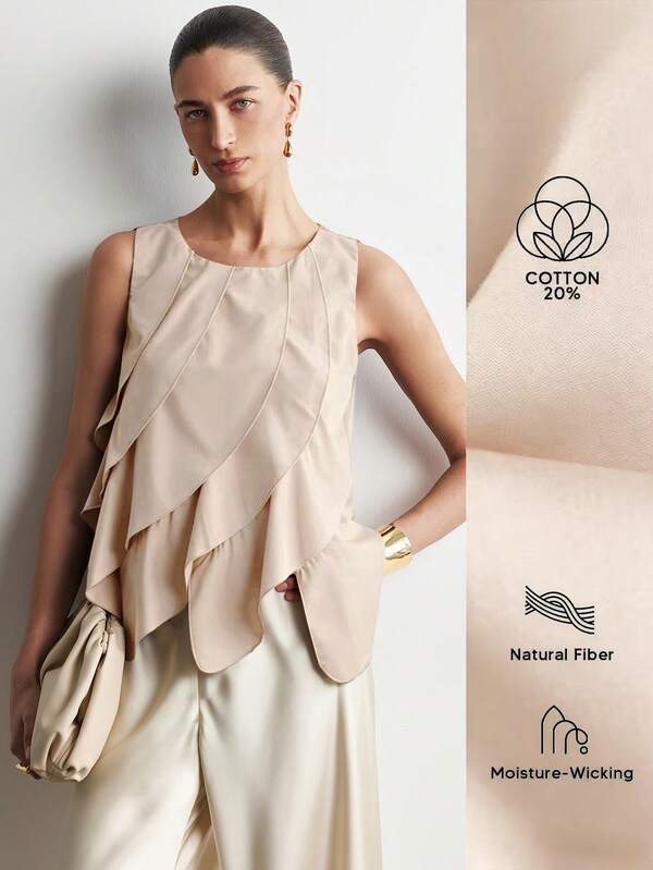 Aalyst Women's Spring/Summer New Vintage Old Money Elegant French Style Commuter & Casual Wear Cotton Linen Feel High-End Asymmetric Ruffle Design Brown Sleeveless Tank Top