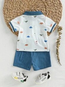 SHEIN 夏季新生男嬰2件套，時尚休閒套裝，包含棕櫚樹與船隻印花POLO衫及彈性腰圍短褲，舒適面料，適合新生兒至1歲，適合日常穿著與戶外活動 - 藍白色 - 查看 4