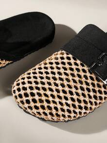 Solecia Women's Shoes Spring And Summer New Holiday Style Woven Mat Net, Buckle Decoration, Round Toe Design, Slip-On Heel, Comfortable And Simple Vacation, Women's Flat Shoes, Essential For Commuting, Casual Versatile, Dating Travel, Afternoon Tea - Black - View 5