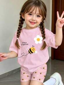 Blind Box Set 1pc Girls Toddler Bee Flower Heart Letter Print Basic Short Sleeve T-Shirt And Cycling Pants - Multicolor - View 8