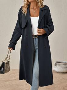 SHEIN Clasi Gabardina con manga raglán, doble botonadura y cinturón para otoño/invierno - Azul Marino - Ver 7