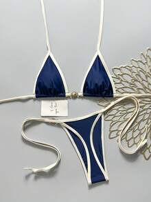 Bonvoyette Conjunto de bikini de triángulo con cuello halter sexy para mujer con accesorios de sol para vacaciones en la playa - Azul Marino - Ver 3