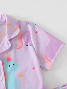 Girls' Colorful Unicorn Pattern Button-Up Lapel Short Sleeve & Shorts 2pcs Comfortable Loungewear Set - Mauve Purple - View 7