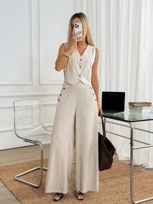 Easowa Women's High-Waisted Wide-Leg Long Pants With Diagonal Pocket And Button Decor, Comfortable Fabric, Casual Relaxed Elegant Commute Old Money Style - Apricot - View 5