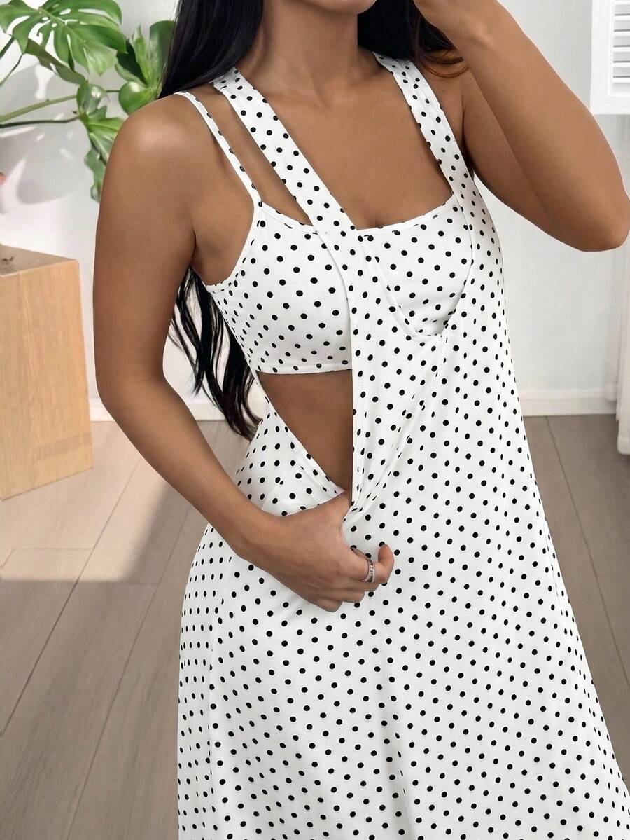 SHEIN EZwear Vestido sin mangas de punto con lunares blancos y negros para mujer, vacaciones, club, playa, verano, sexy, boho - Blanco - Ver 1