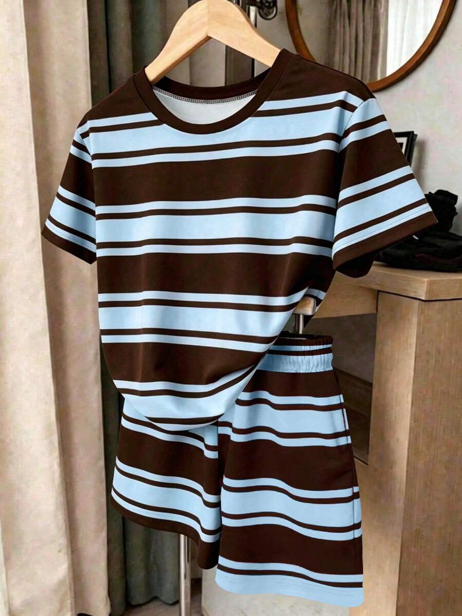 条纹印花圆领T恤短裤套装,休闲百搭,适合青少年女孩,春、秋、夏皆宜,复古条纹蓝棕色条纹印花短裤套装,休闲百搭,适合青少年女孩 - 彩色 - 查看 1