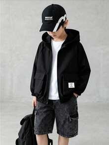 SHEIN 1件小男孩休閒極簡街頭連帽長袖外套，時尚休閒設計，適合夏季穿著，適合4-7歲男孩日常穿著，適合運動、外出、校園、返校季節 - 黑色 - 查看 3