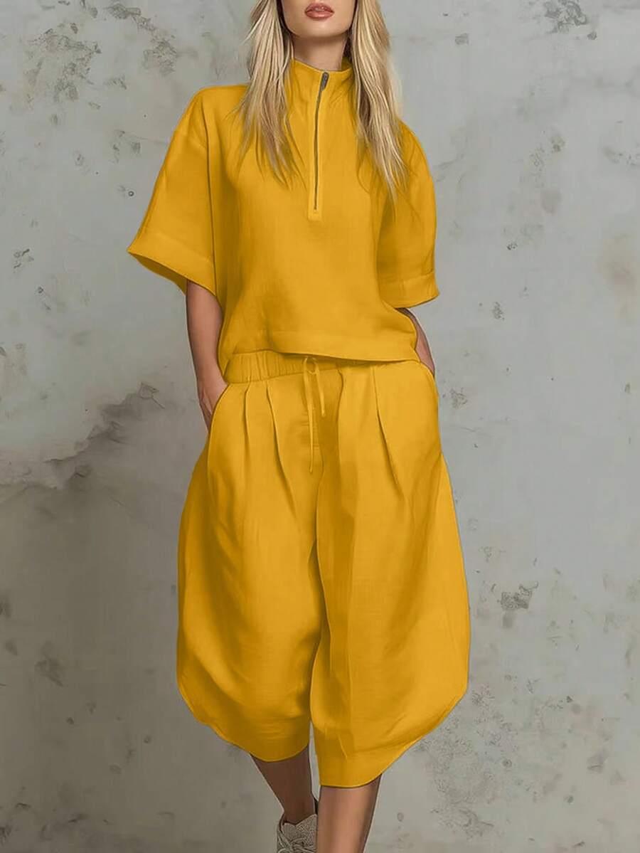 SHEIN Holidaya 女款高級紋理面料立領上衣 & 寬腿燈籠褲套裝,冷色調優雅白色亞麻收腰 3/4 長褲套裝,女款度假 2 件套,女款白色 2 件套 - 珊瑚橙 - 查看 1