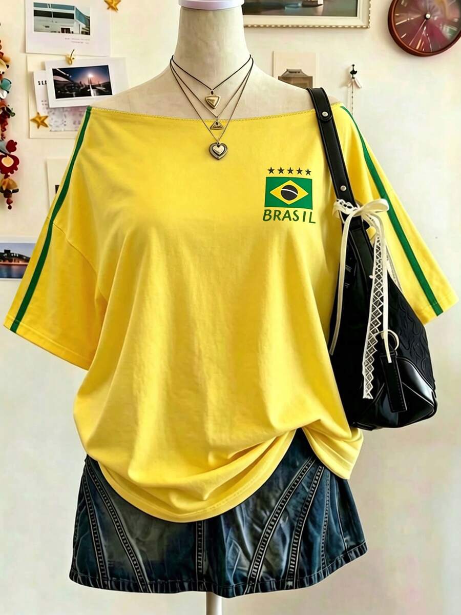 Lalippa 女款巴西主題圖案印花條紋對比色休閒T恤 - 黑色 - 查看 1