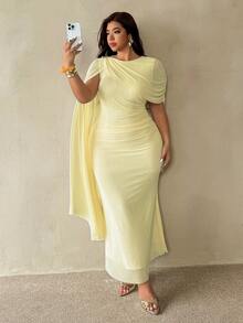 Auralis Yellow Summer Seaside Formal Evening Maxi Dress: Fitted, Ruched, Mermaid-Style With Elegant Cape-Like Flared Sleeves Metal Shoulder Buckle Wedding - Yellow - View 3