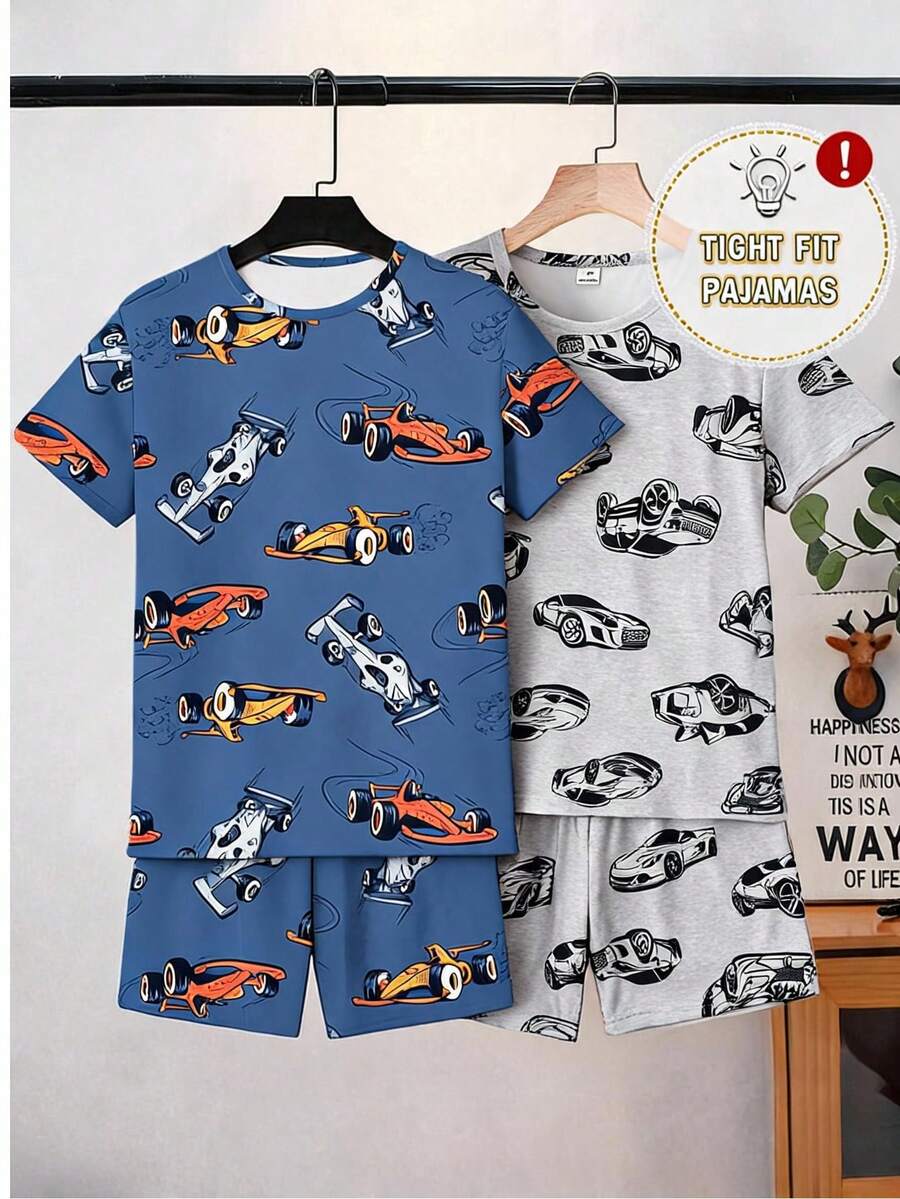 Piyama Anak Laki-Laki Remaja, Model Terbaru Musim Semi/Panas Terlaris, Motif Mobil, Rajut, Leher Bulat, Lengan Pendek, Pas Badan, Kain Elastis Tinggi, Set 2 Potong - Royal Blue - View 1