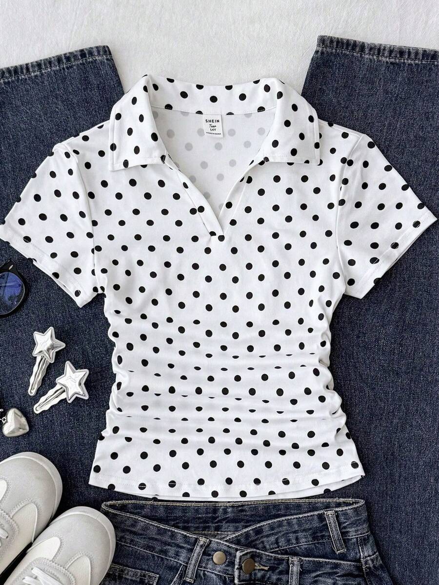 Tween Girl Knit Polka Dot Print Turn-Down Collar Waist Gathered Short Sleeve Casual T-Shirt - White - View 1