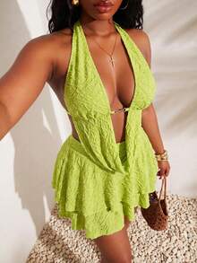 SHEIN SXY Plus-Size Light Green Textured High-Elastic Knit Draped Neckline Backless Camisole Top And High-Waist Short Skirt Two-Piece Set.Beach Vacation - Green - View 3