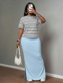 Slaydiva Summer Women's Short Sleeve Top And Skirt 2pcs Casual Daily Y2k Loungewear Going Out Vacation Back To School Holiday Blue And White Striped Baby Blue - Multicolor - View 4