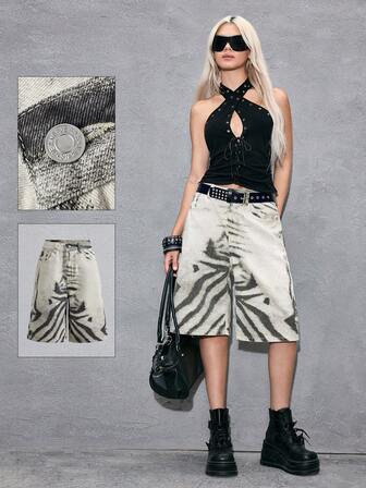 Shorts vaqueros con estampado de leopardo en blanco y negro de estilo casual Y2K para mujeres