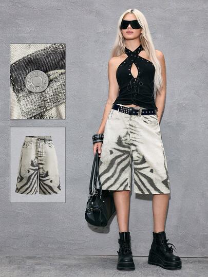 Shorts di jeans casual con stampa leopardata bianca e nera in stile Y2K per donna