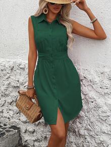 EMERY ROSE Patched Pocket Button Front Sleeveless Solid Shirt Dress Vacation Beach Outfits Women - Dark Green - View 5