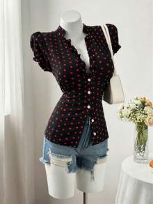 Sweetra Plus Size Fashion Versatile Minimalist Polka Dot Design Niche Elegant Sweet Short Sleeve Fitted Blouse - Black - View 3
