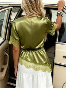 Selianne Women's Spring/Summer Teachers' Day Casual French Elegant V-Neck Contrast Lace Asymmetrical Hem Solid Color Short Sleeve Blouse Work Olive Green - Green - View 2