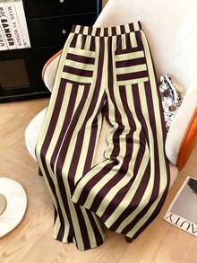 Franclia Plus Size Spring Summer Casual Vacation Brown & Blue Striped Straight Leg Pants With Real Pockets Fall - Multicolor - View 1