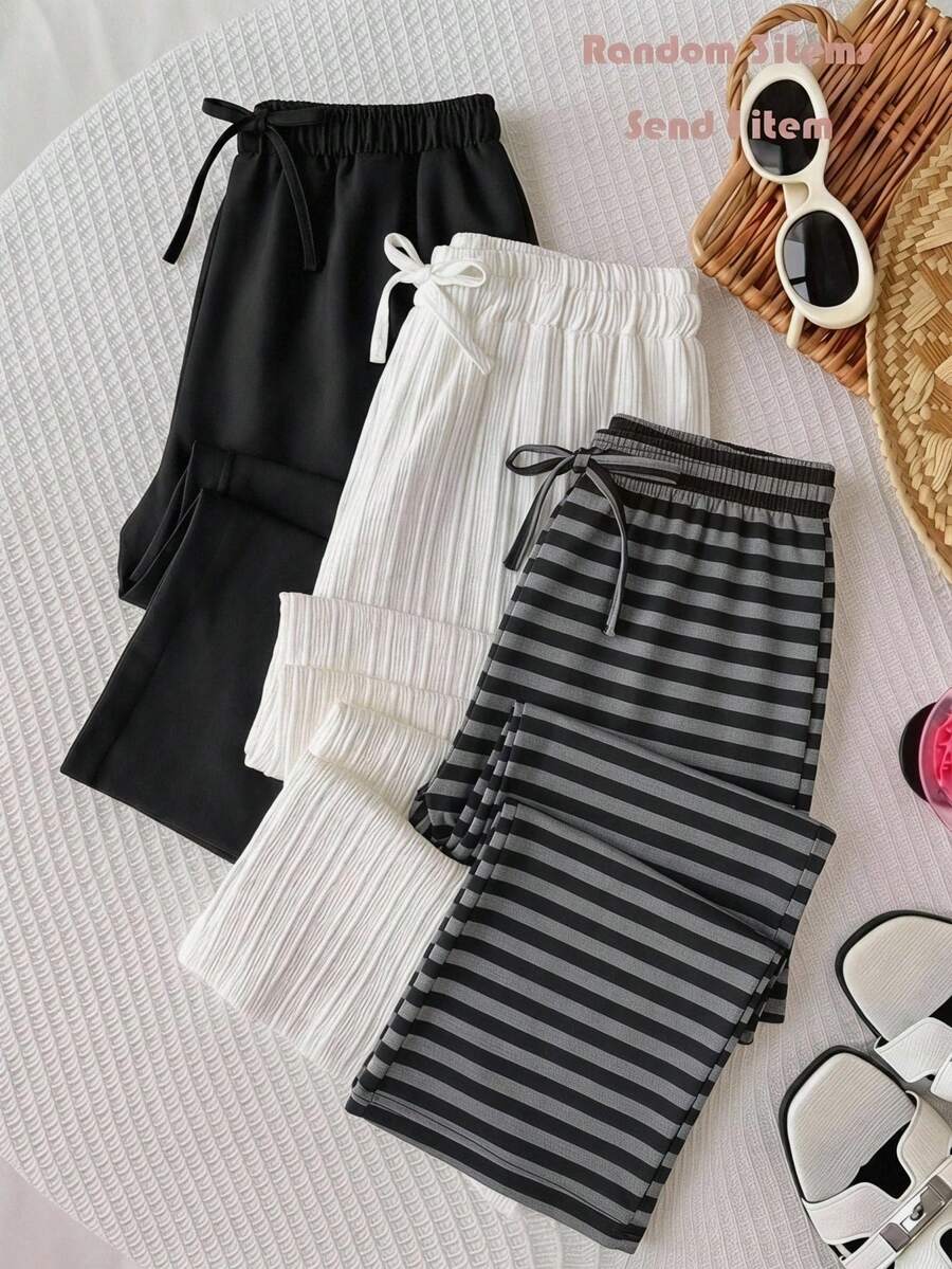 SHEIN Teen Girls Casual Comfortable Striped Grey & White Pants, All-Match Versatile Knit Trousers For Everyday Wear - Dark Grey - View 1