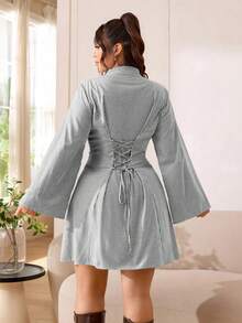 Solflare Vestido casual de fiesta para mujer talla grande con diseño de rayas y cordones en la espalda - Blanco y Negro - Ver 5