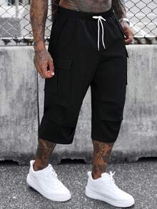 SLATEMANN Men's Casual Versatile Solid Color Cargo 7/10 Length Pants - Black - View 3