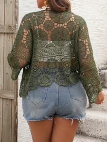 SHEIN VCAY Cárdigan de punto calado para vacaciones talla grande - Verde militar - Ver 2