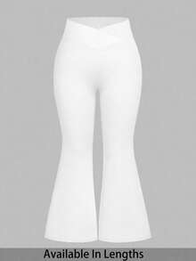 SHEIN PETITE CURVE 大尺碼小個女款高腰交叉設計喇叭褲 - 白色 - 查看 1