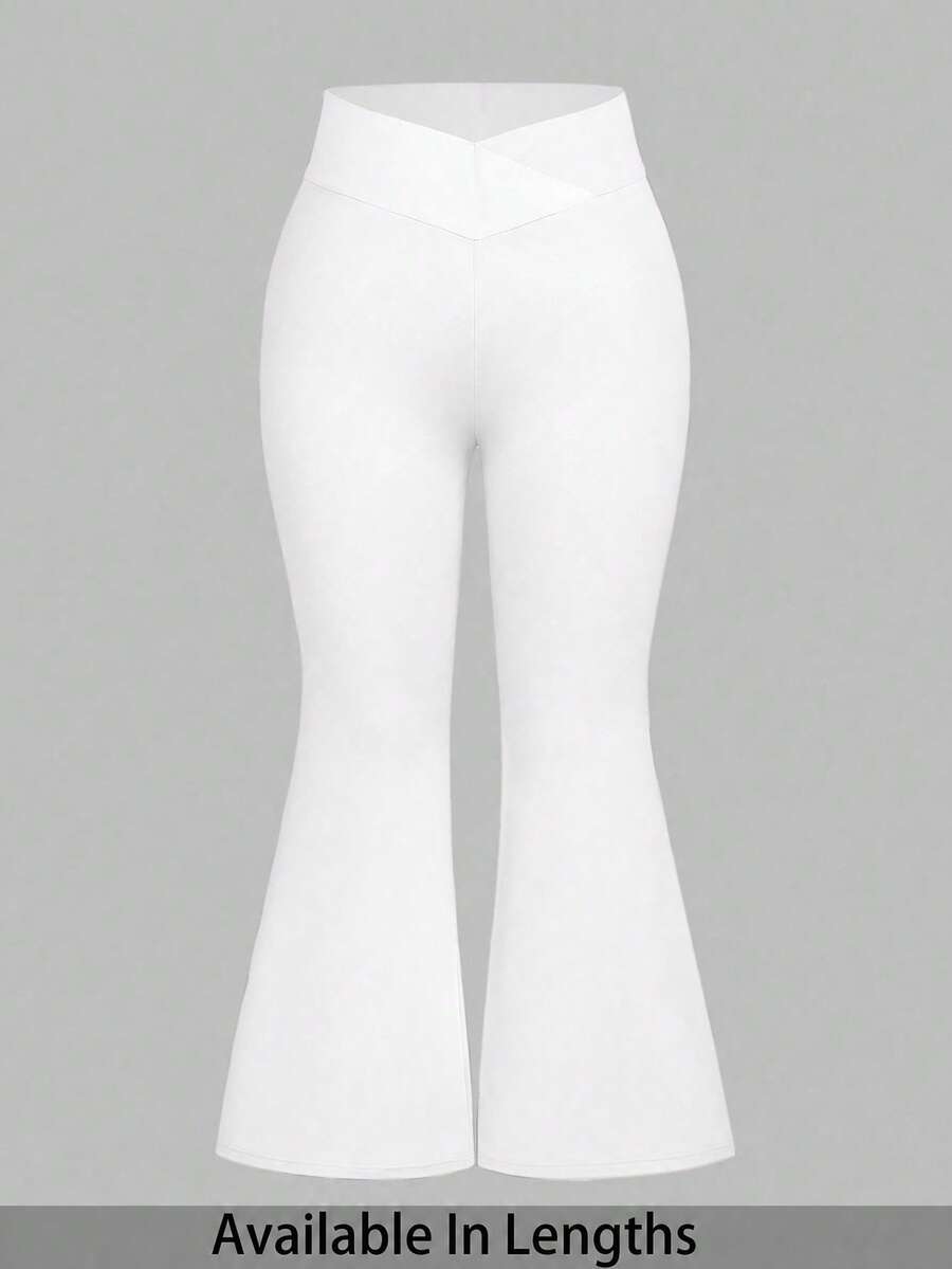SHEIN PETITE CURVE 大尺碼小個女款高腰交叉設計喇叭褲 - 白色 - 查看 1