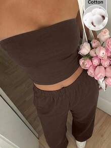 SHEIN EZwear Women's Solid Color Cropped Minimalist Bandeau Top And Casual Long Pants Set Everyday Dark Brown Summer - Chocolate Brown - View 2